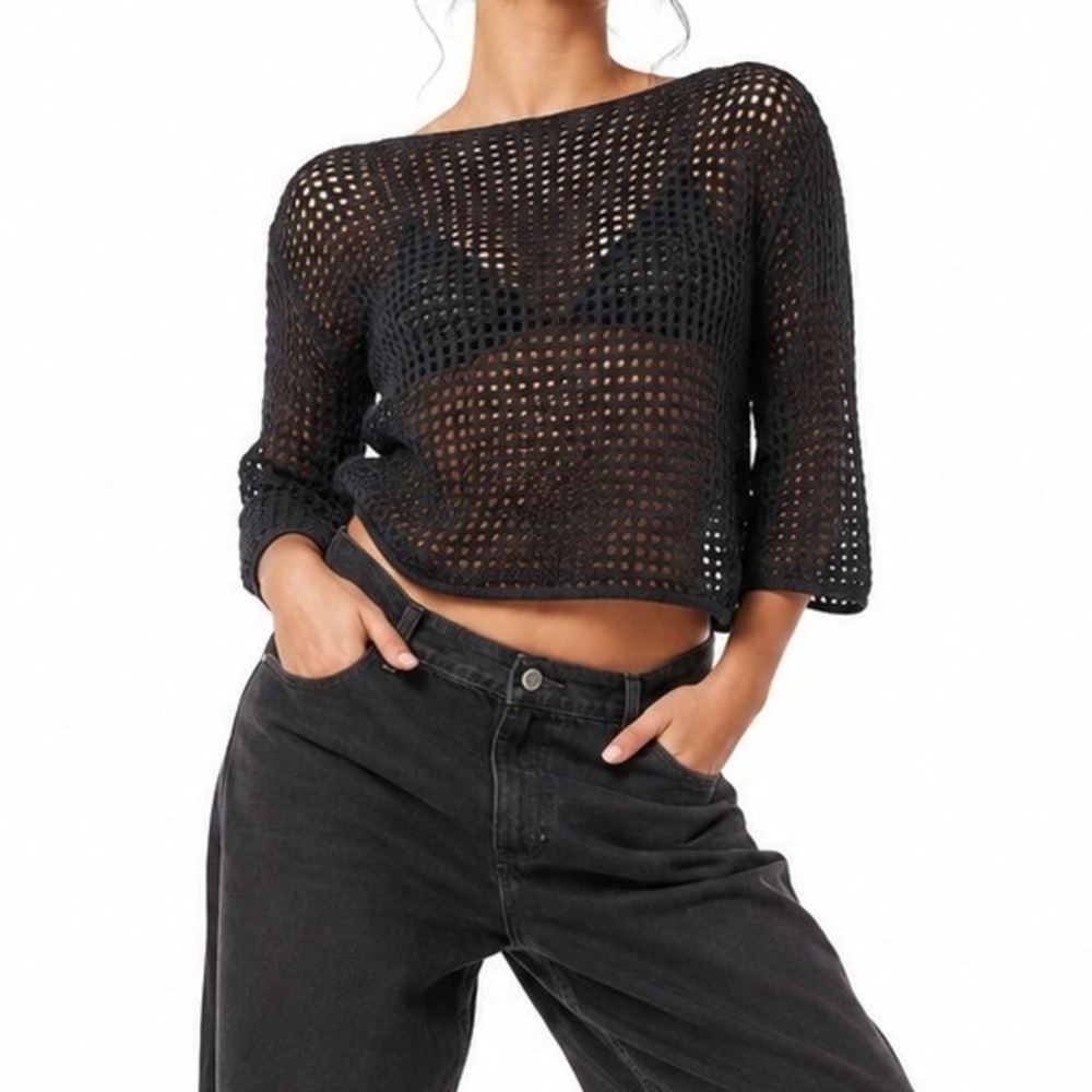 Crochet Sweater Womens L Black Grunge Mesh Top Festival Edgy Dark Aesthetic Goth